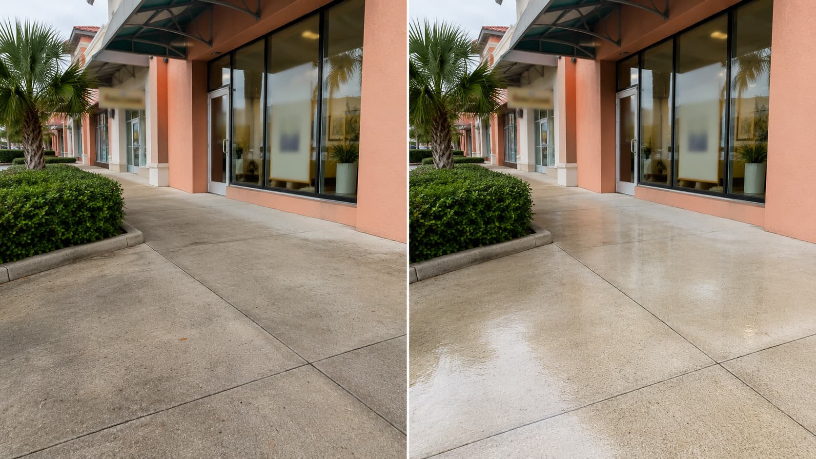Nassau County retail storefront concrete sidewalk before and after pressure washing