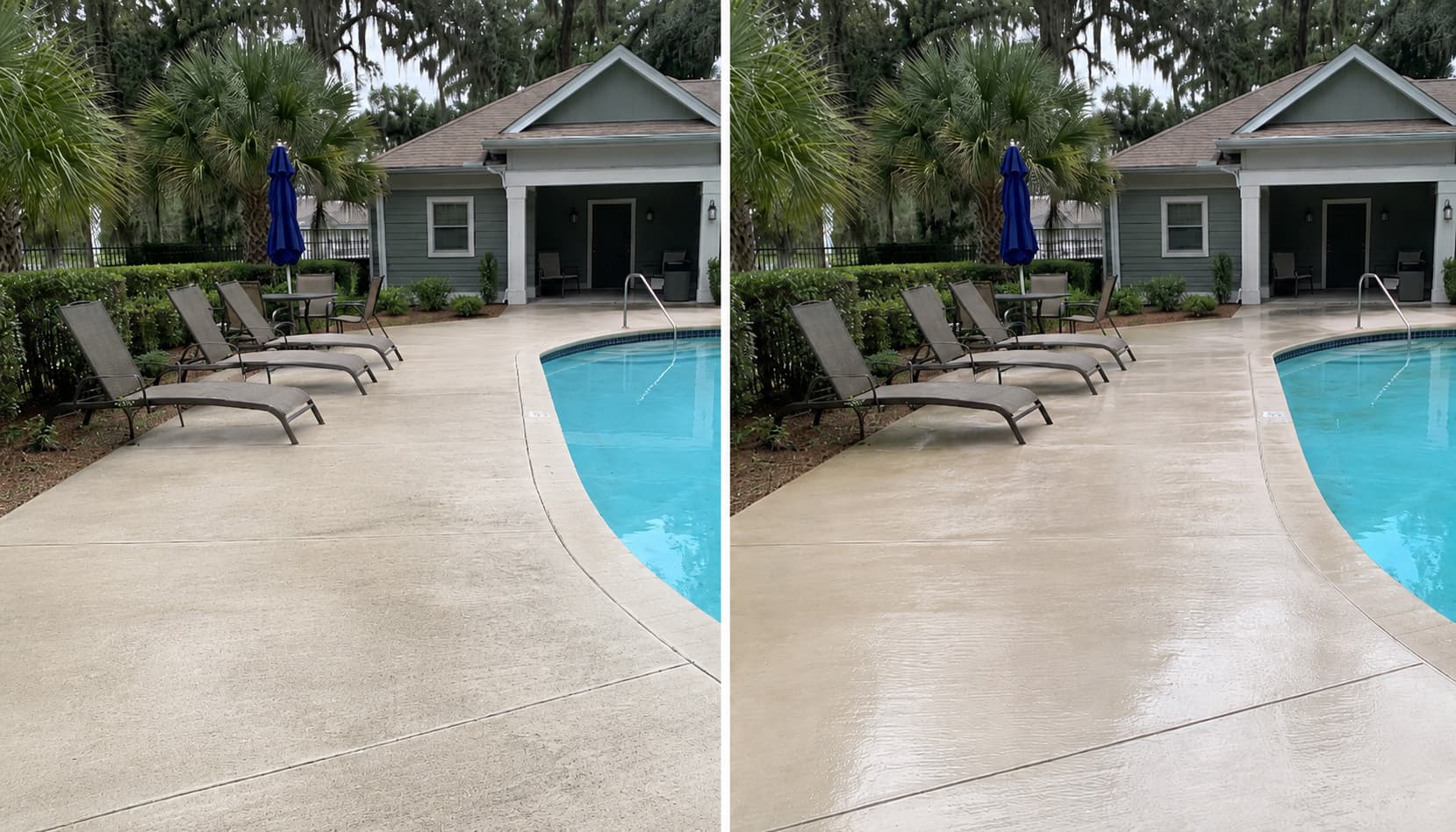 HOA community pool deck before and after pressure washing — Nassau County townhome community