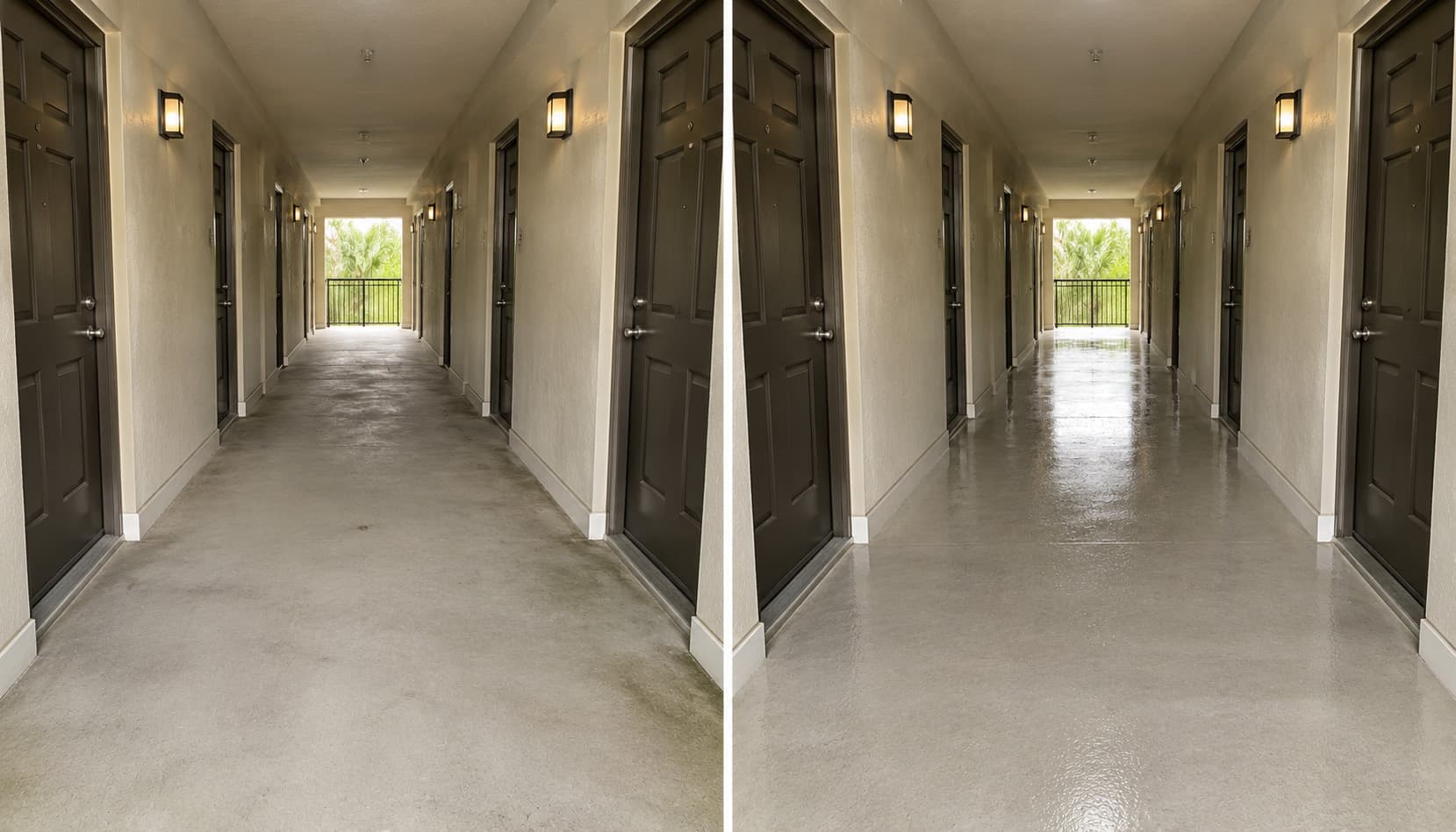 Apartment complex covered breezeway walkway before and after pressure washing