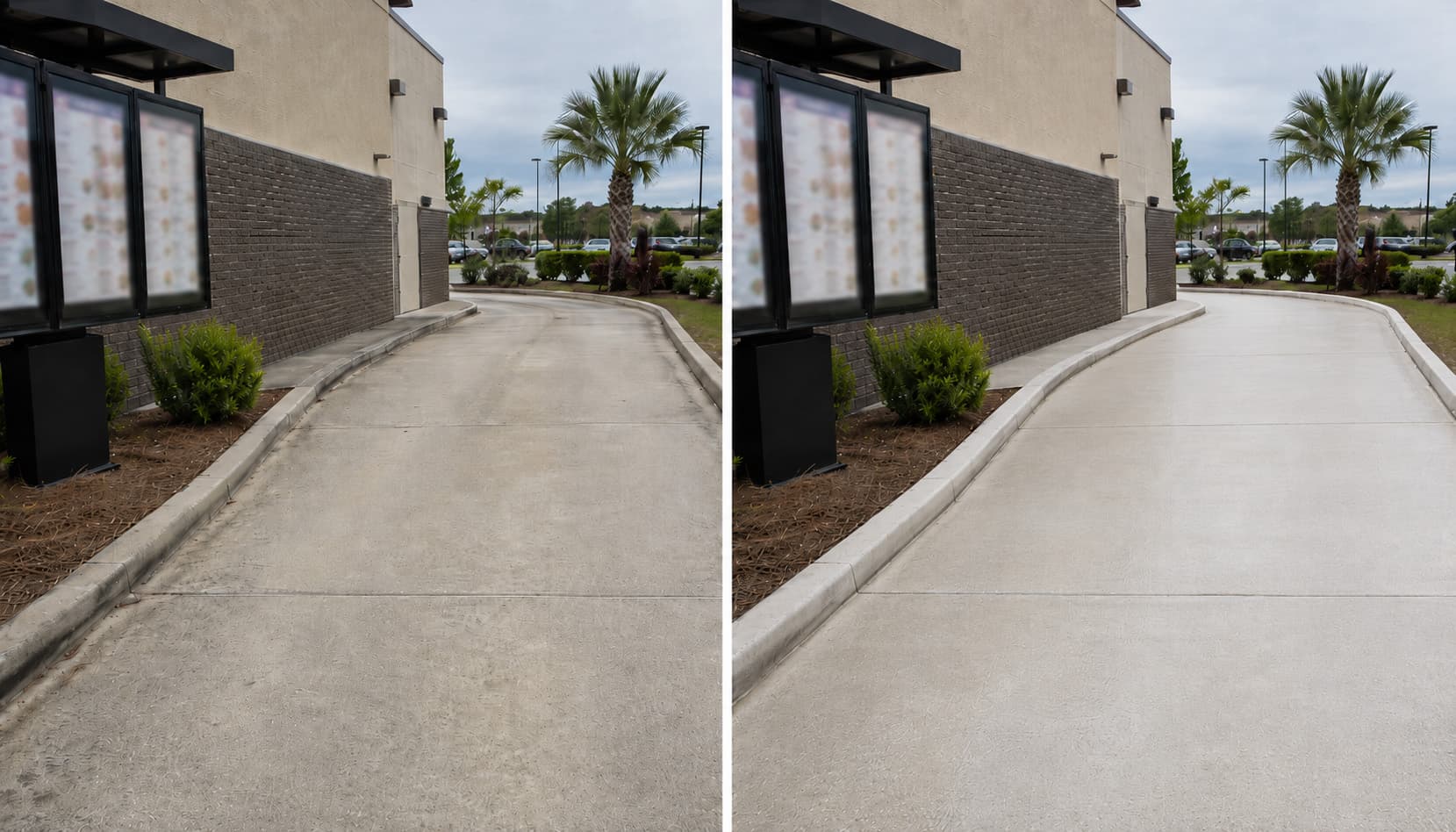 QSR drive-thru lane concrete before and after pressure washing — Nassau County