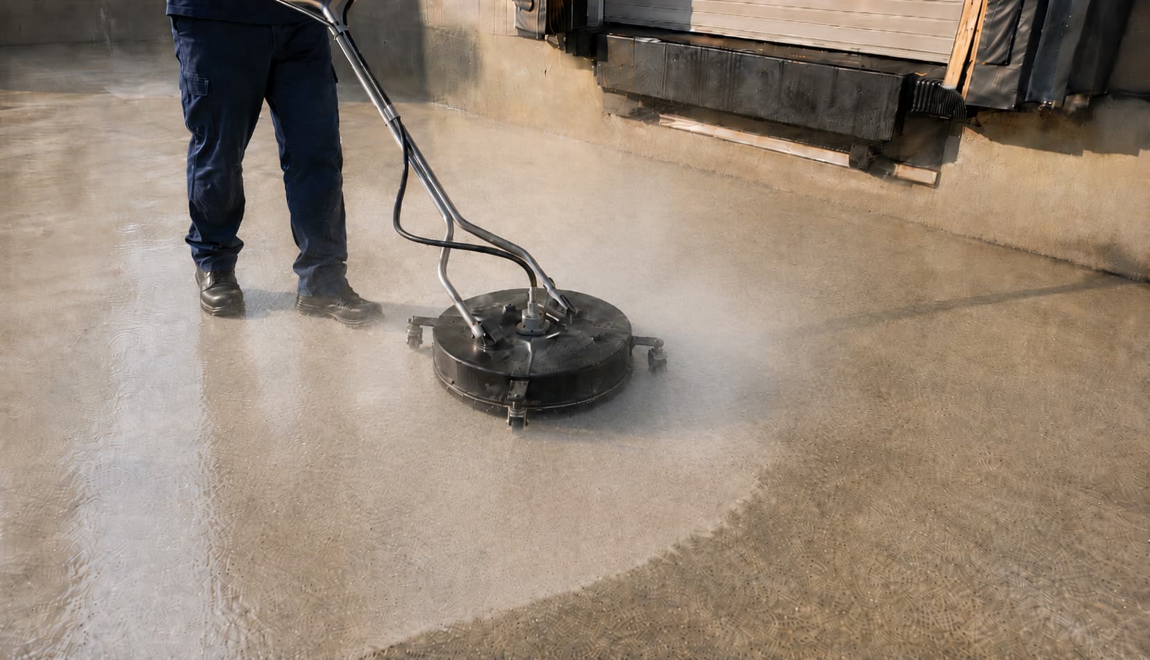 Professional surface cleaner mid-rotation on commercial loading dock concrete — action shot