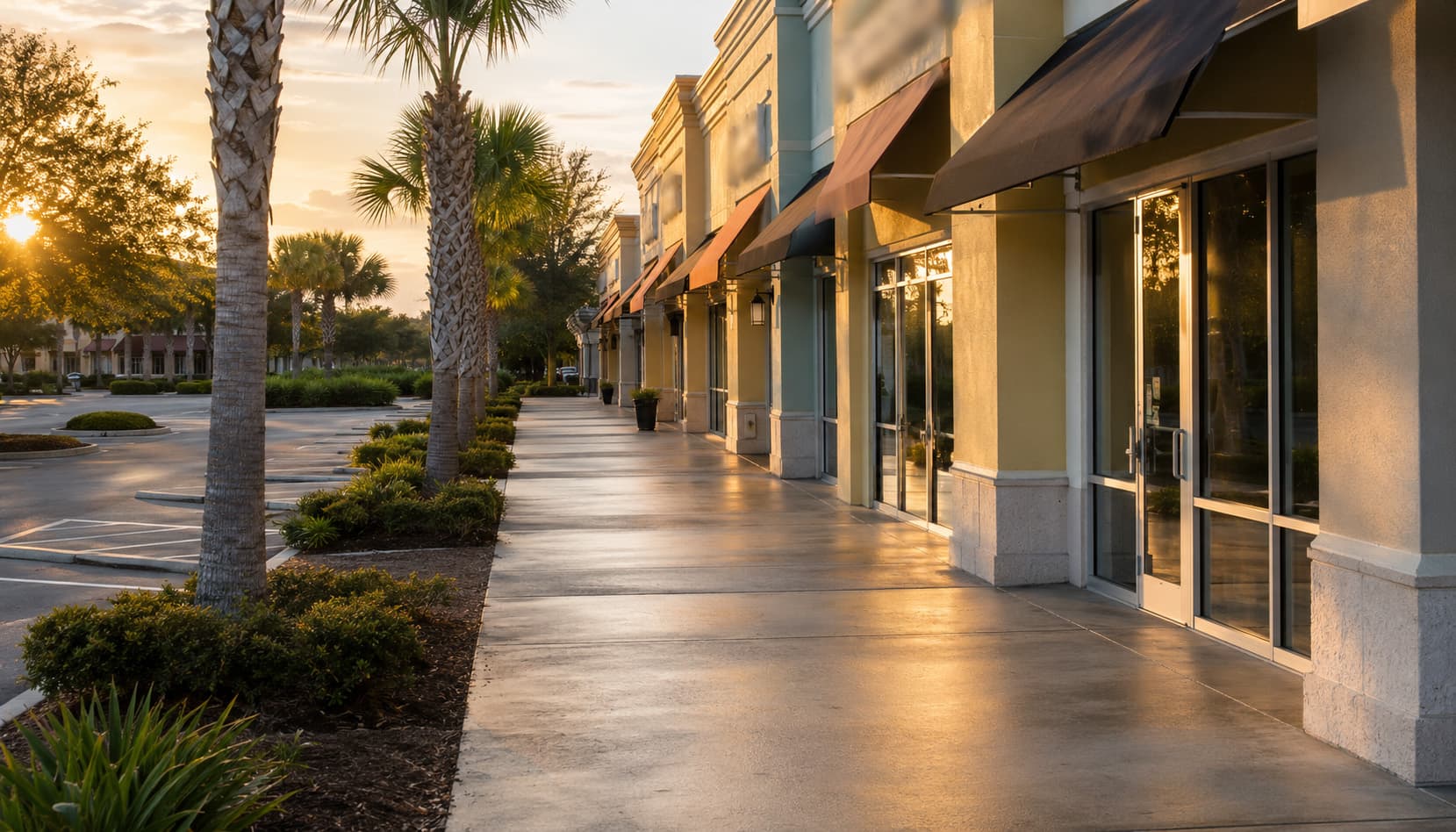 Freshly cleaned Nassau County retail strip center plaza sidewalk at golden hour