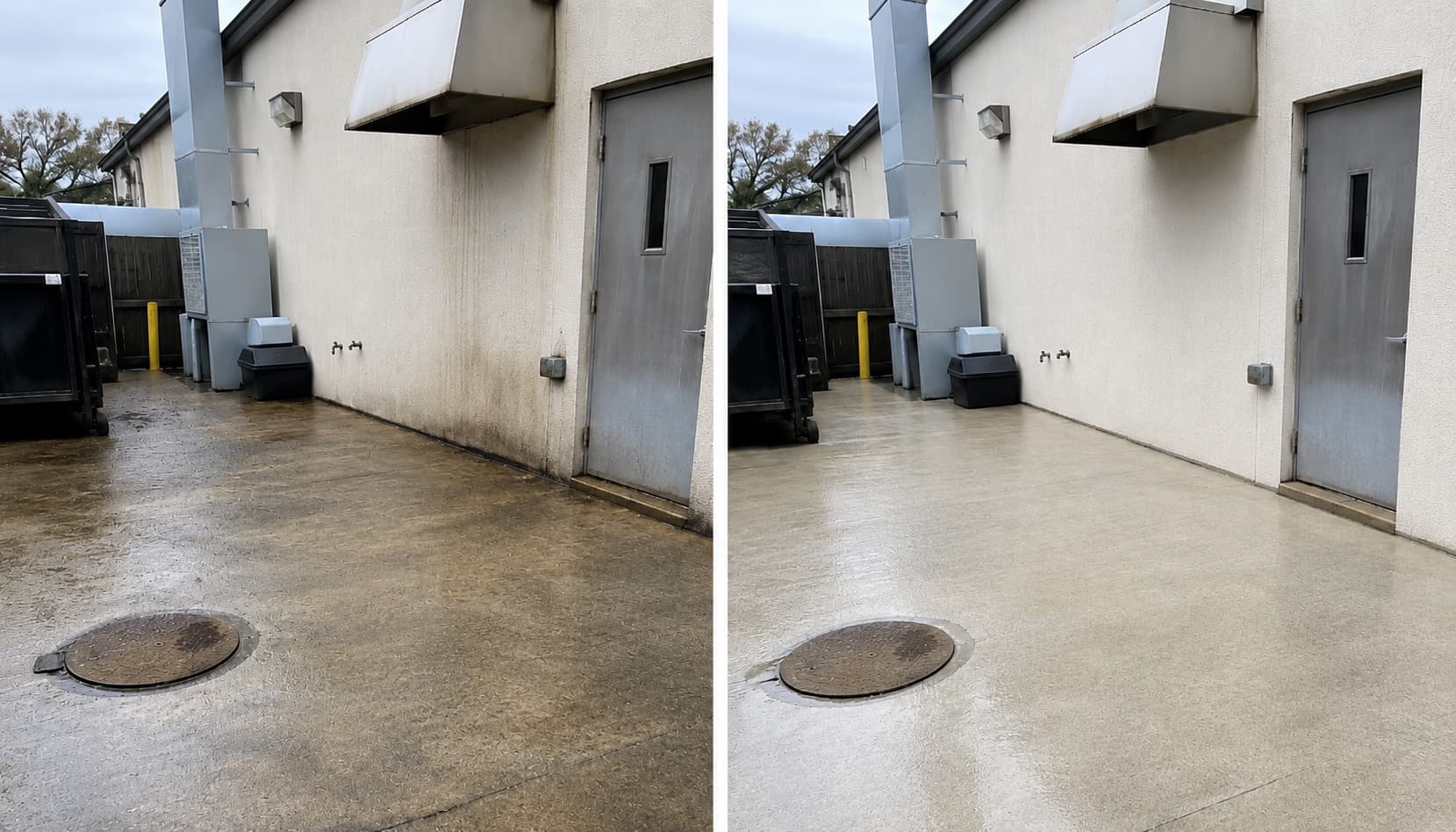 Restaurant kitchen back-of-house concrete pad before and after hot-water grease removal