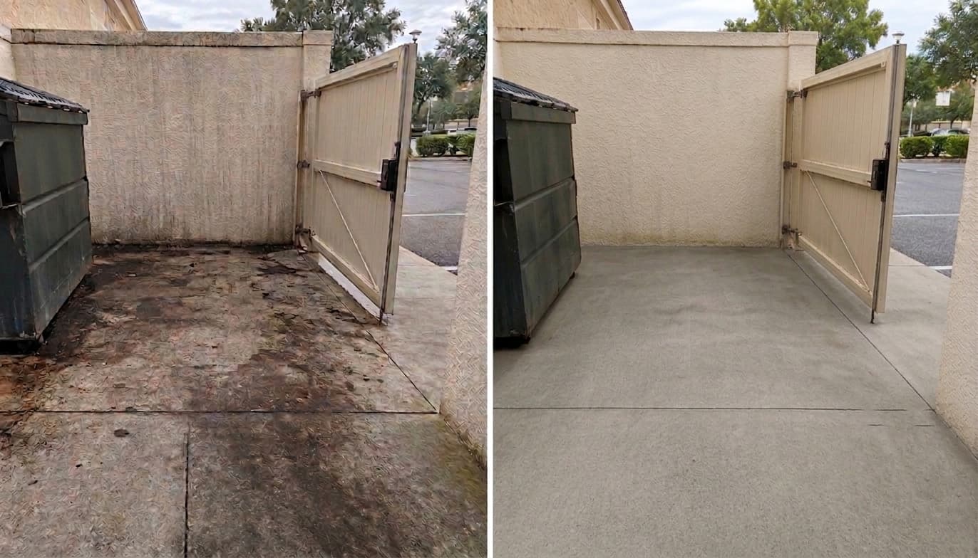 Commercial dumpster pad restoration before and after pressure washing — Nassau County