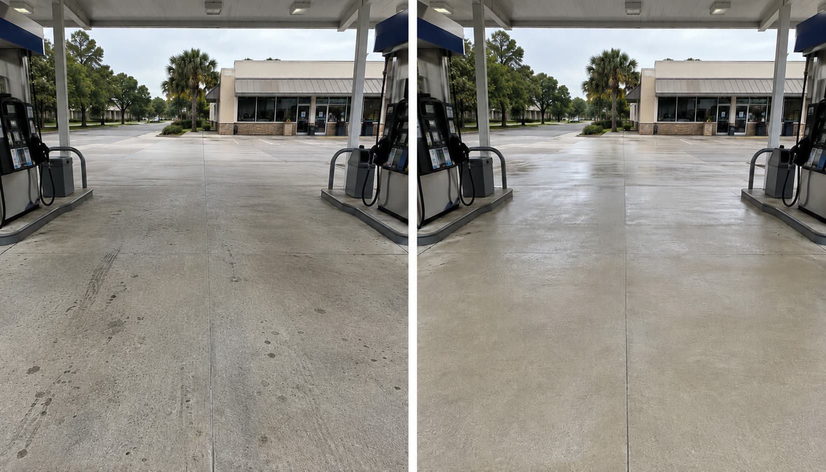 Gas station forecourt concrete before and after professional pressure washing
