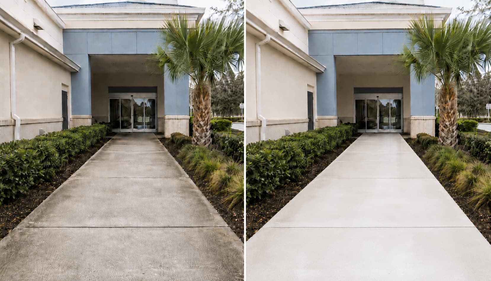 Medical urgent care facility entrance walkway before and after professional cleaning