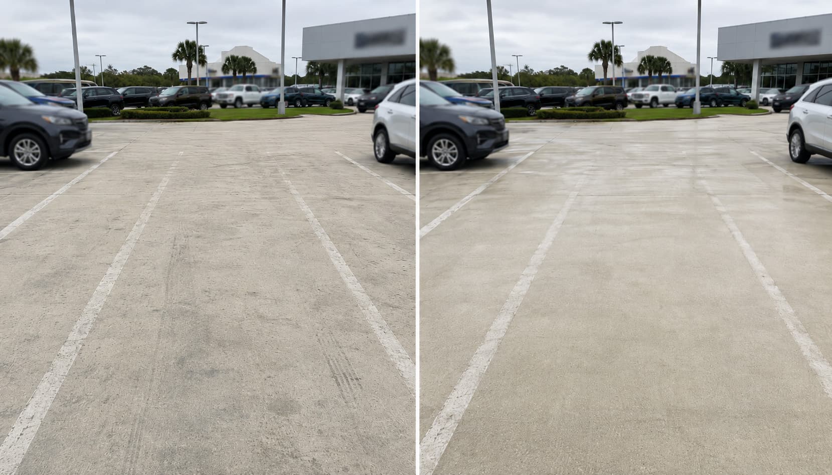 Auto dealership inventory lot concrete before and after pressure washing