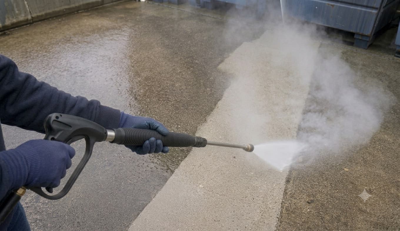 Pressure washer wand spraying hot water with visible steam rising — signature commercial hot-water service