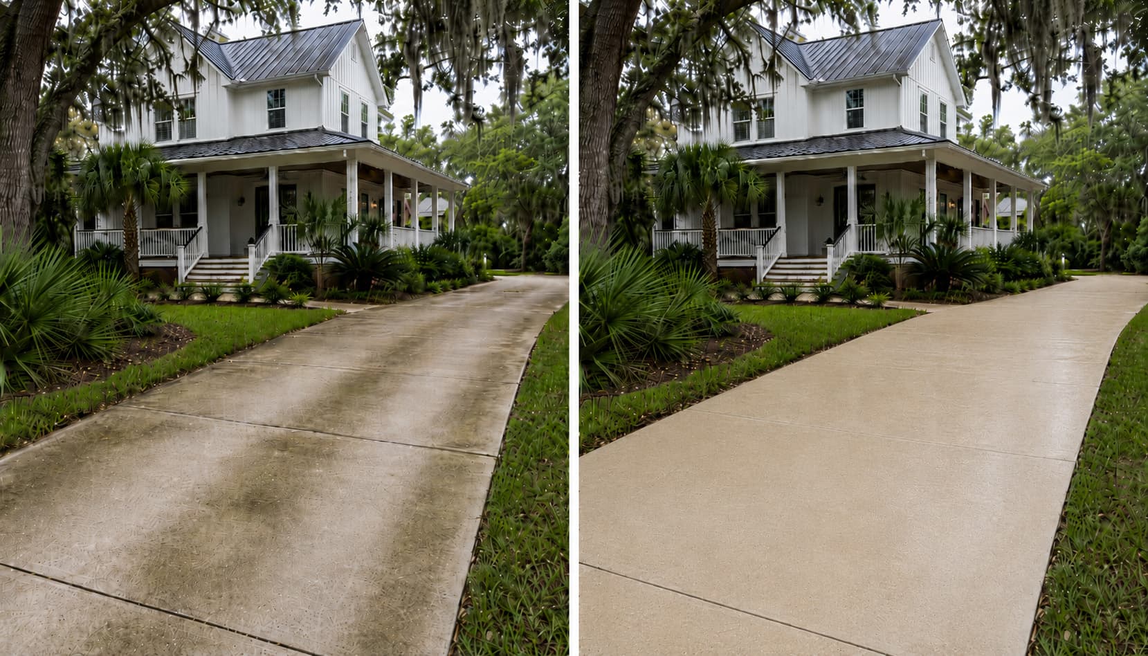Coastal cottage driveway before and after pressure washing — Amelia Island residential