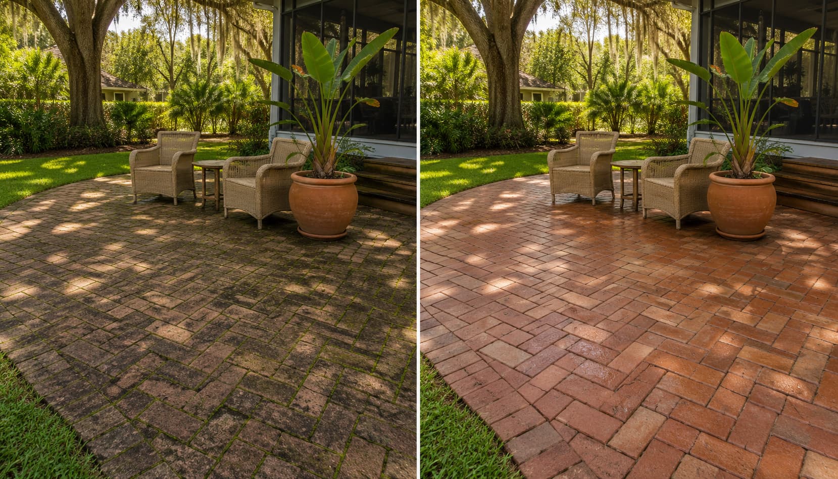 Herringbone paver patio before and after cleaning — Nassau County backyard