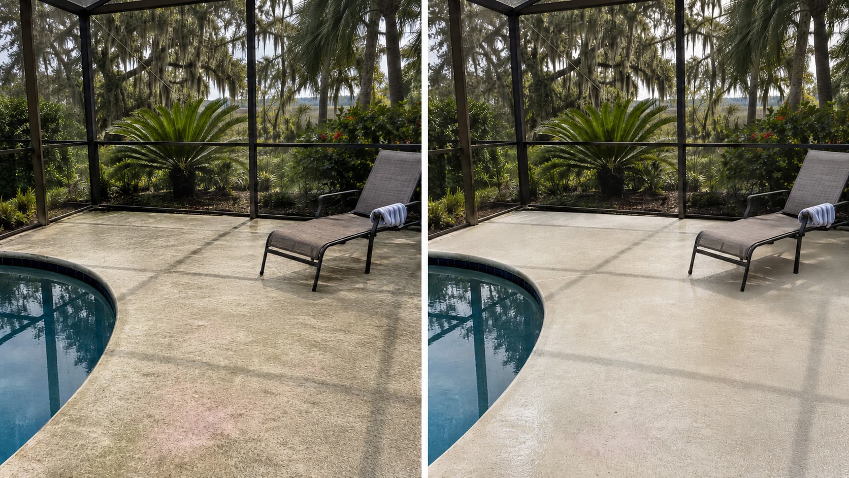 Screened lanai pool deck before and after cleaning — Northeast Florida