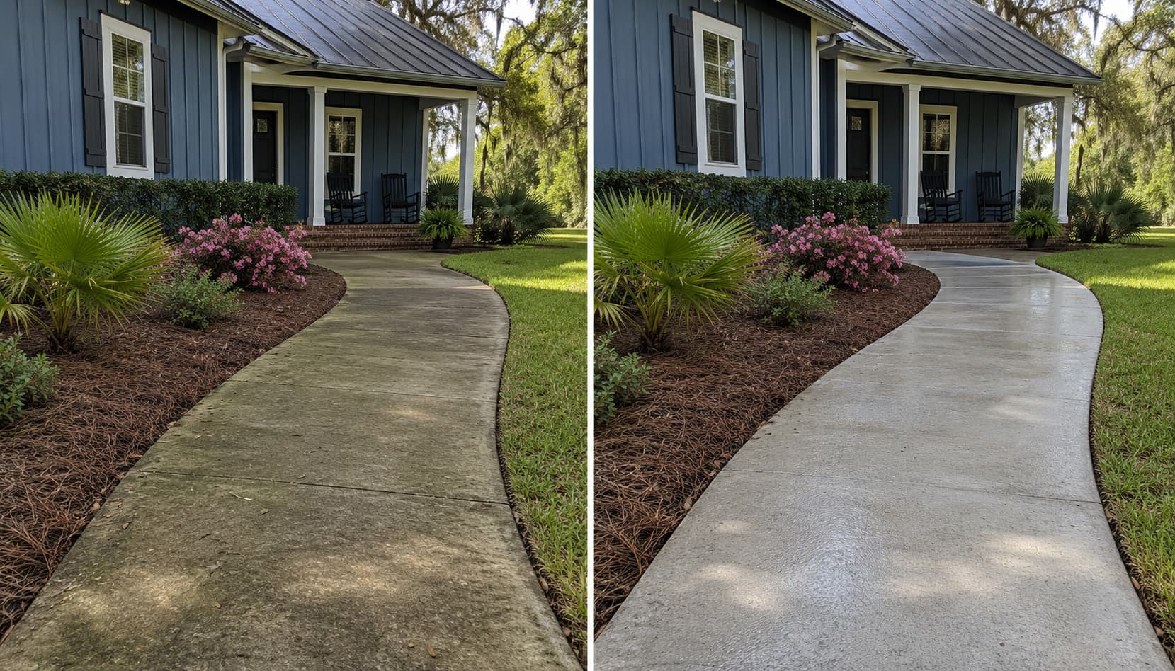 Front walkway with curved path before and after pressure washing — coastal-blue cottage