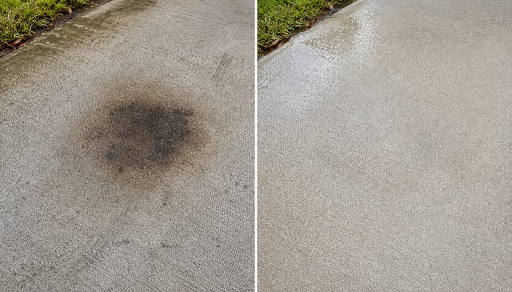Concrete driveway oil-stain removal detail — before and after