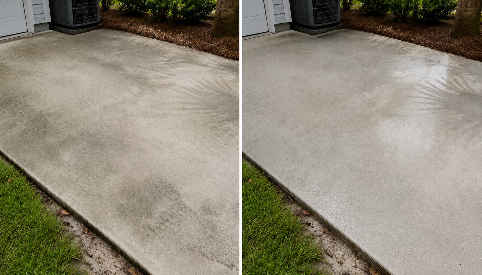 Side-yard concrete utility slab before and after cleaning — Nassau County home