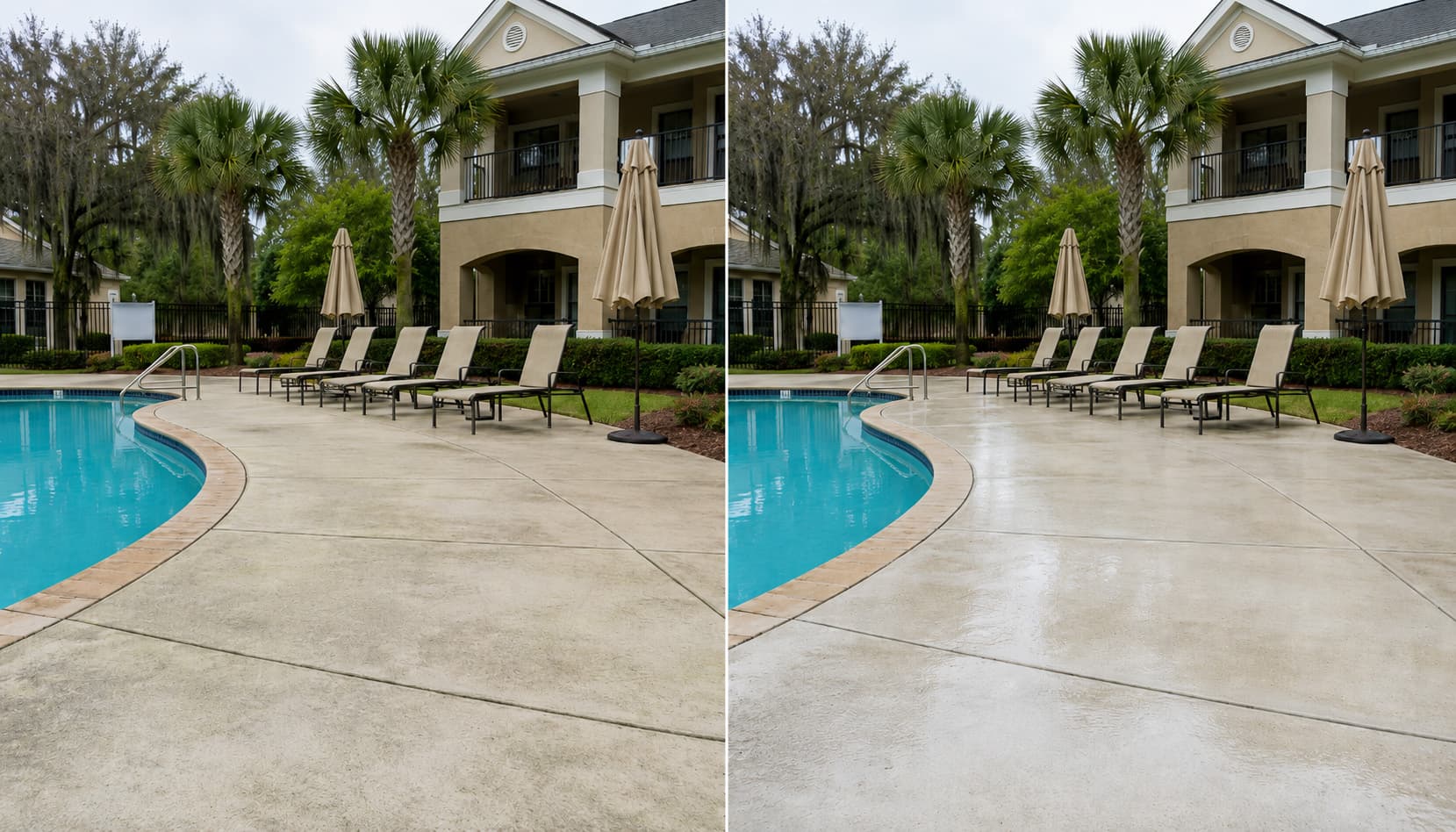 Commercial HOA community pool deck before and after pressure washing — Nassau County