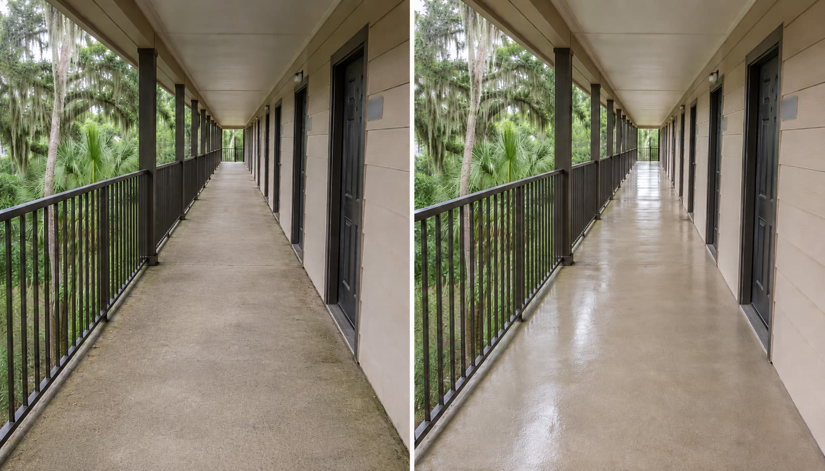 Apartment complex multi-floor breezeway walkway before and after pressure washing — Nassau County multi-family