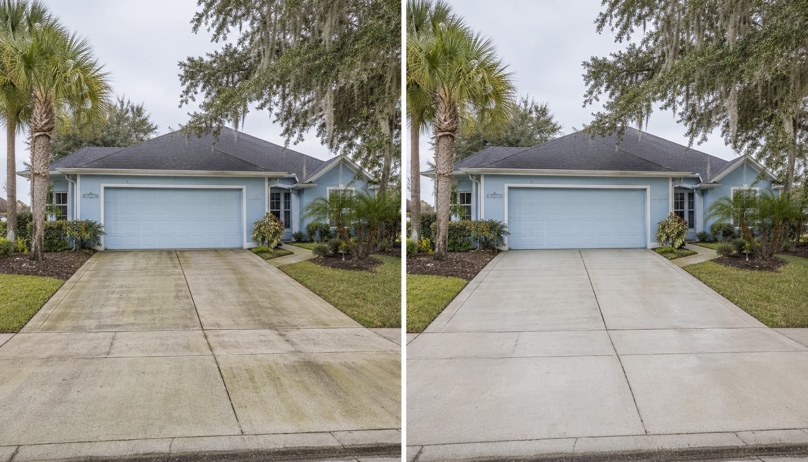 Residential concrete driveway before and after pressure washing — Nassau County subdivision home