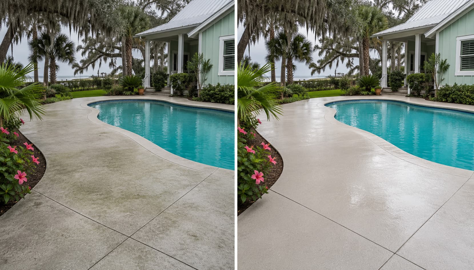 Open residential pool deck before and after cleaning — Amelia Island coastal home