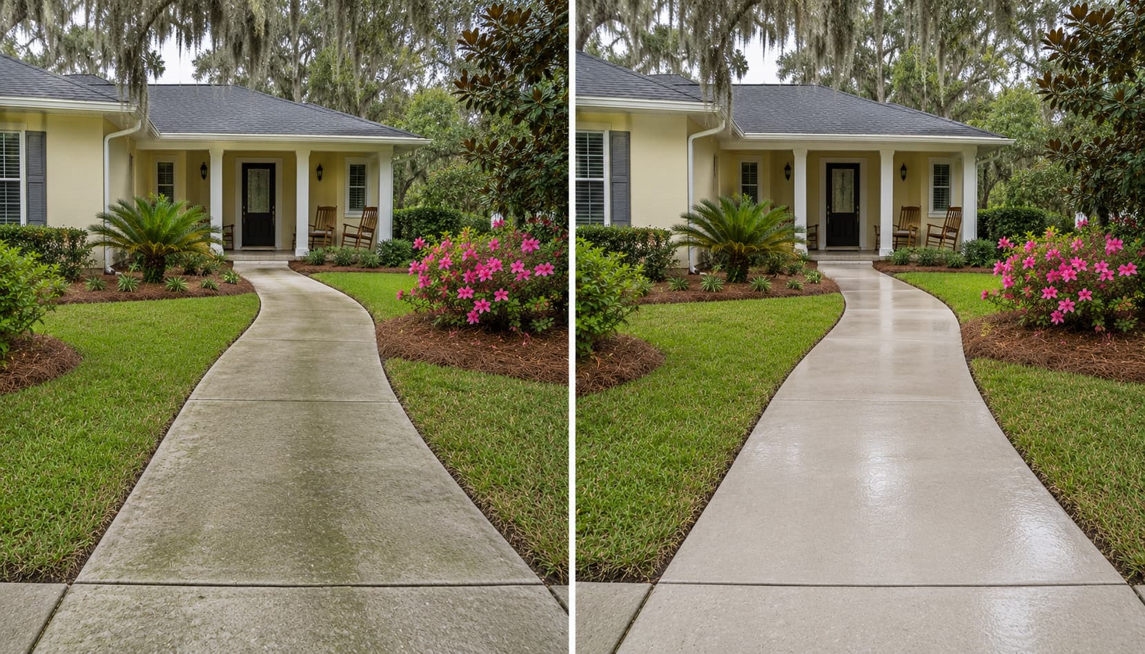 Curved front walkway leading to a Florida ranch home before and after pressure washing
