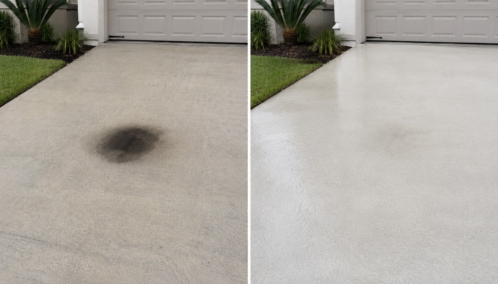 Residential driveway oil stain before and after professional pressure washing