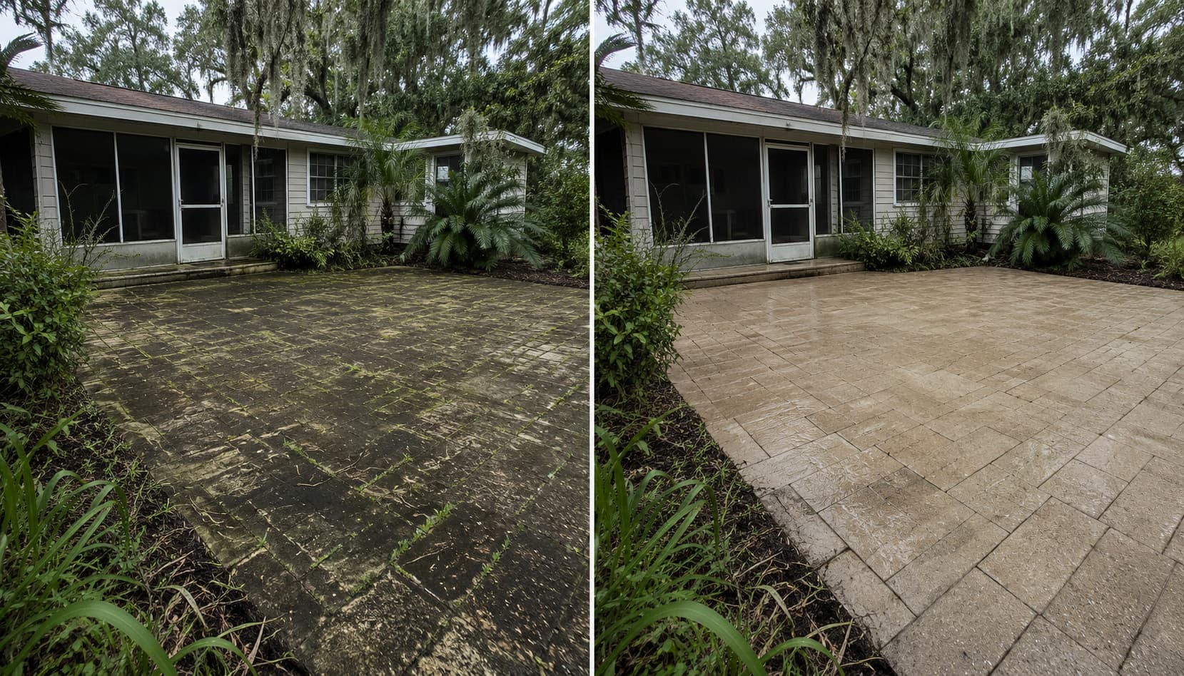 Heavily mildewed concrete patio restoration — before and after professional pressure washing