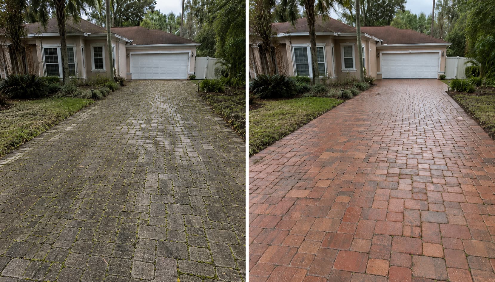 Heavily mildewed paver driveway restoration — before and after pressure washing