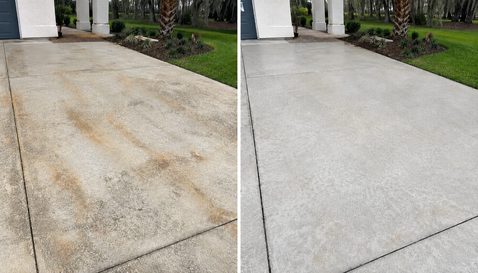 Rust-stained residential concrete restoration — before and after professional cleaning