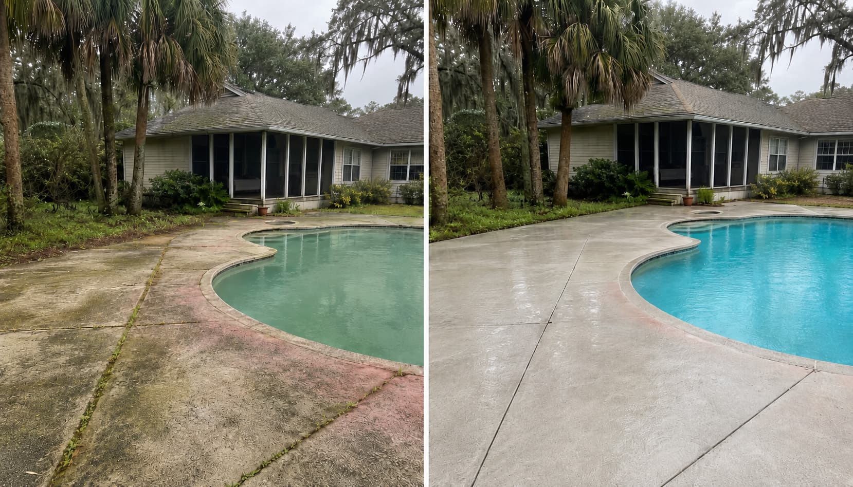 Neglected pool deck restoration with pinkish algae — before and after