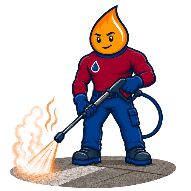 Fernandina Power Washing hot-water mascot in a red company shirt