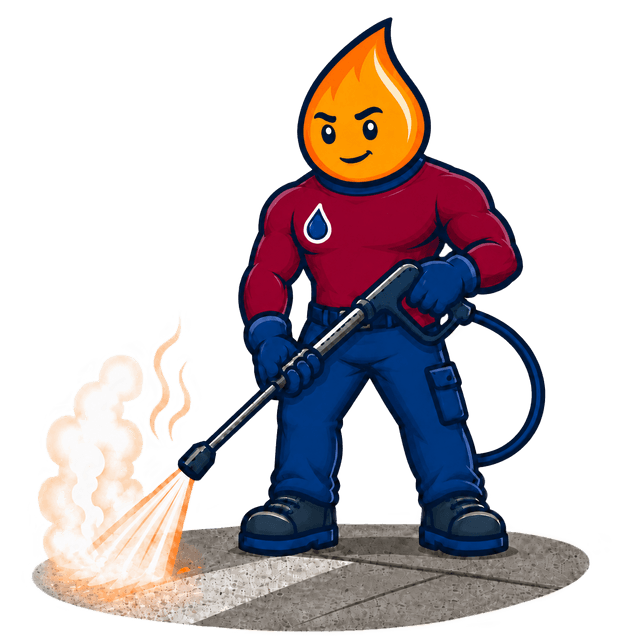 Fernandina Power Washing hot-water mascot in a red company shirt — Nassau County commercial