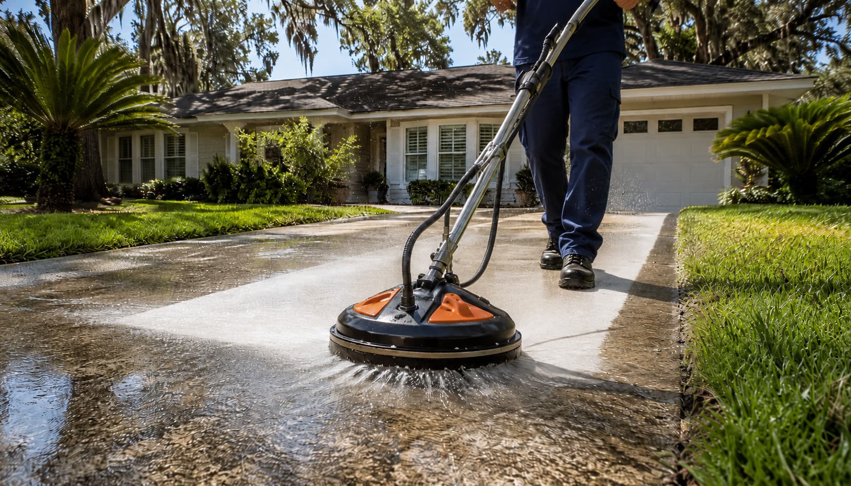 Professional surface cleaner mid-rotation on residential concrete driveway — action shot