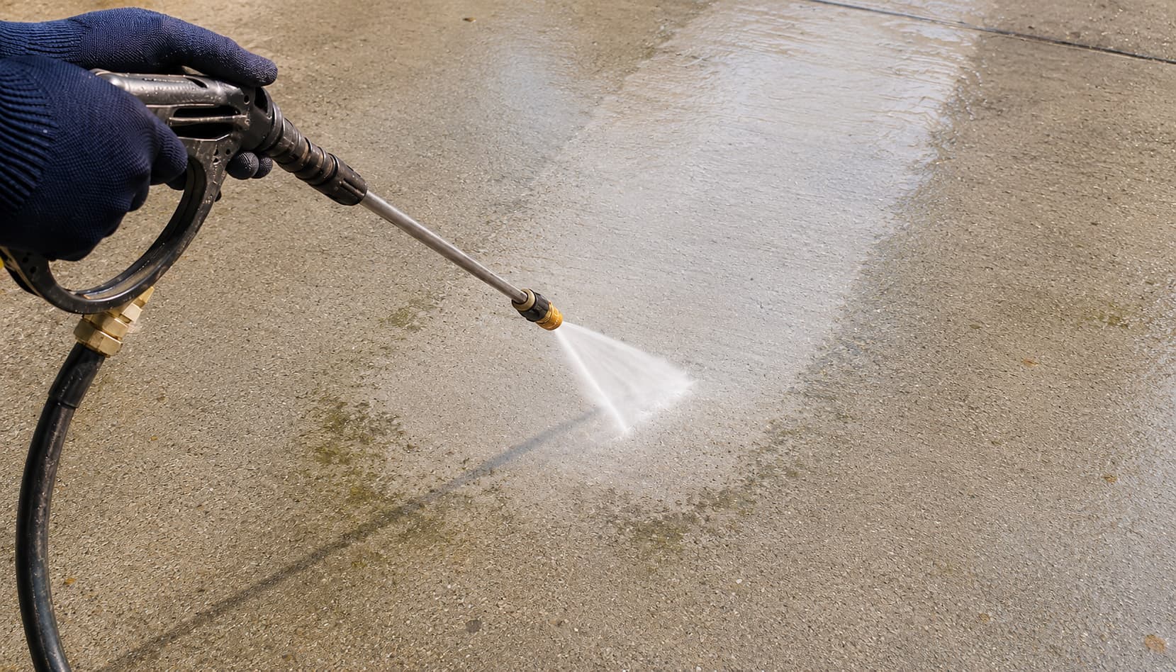 Gloved hands with pressure washer wand cleaning mildewed concrete — craft action shot